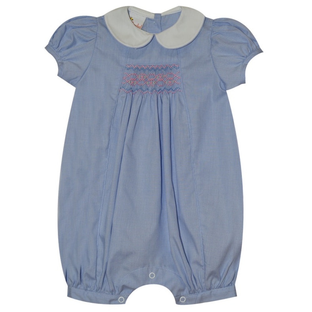Geometric Smocked Light Blue Micro Check Girls Bubble Short Sleeve